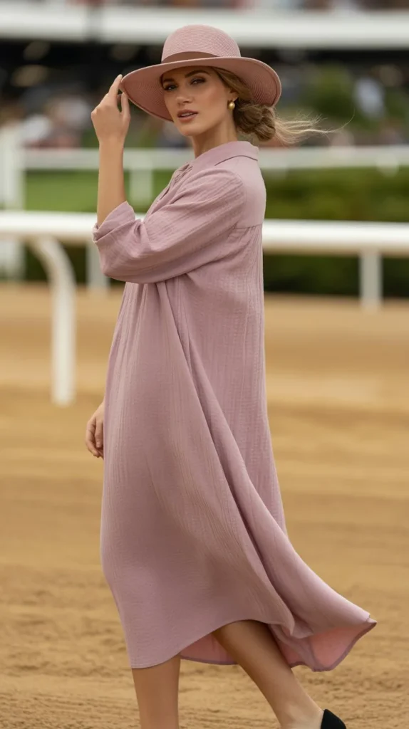  Dusty Mauve Pink Linen Dress with Boho Hat