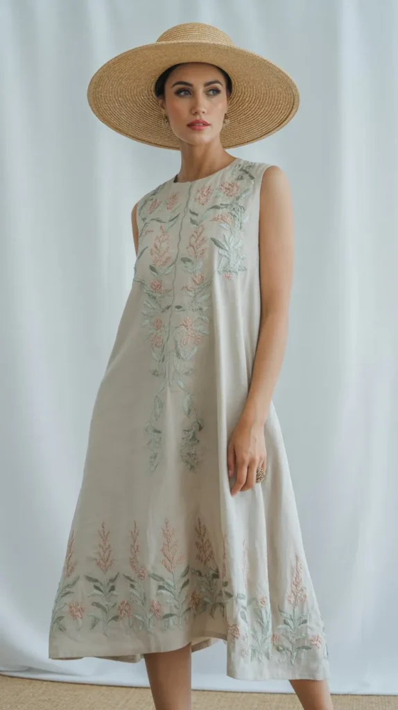 Embroidered Shift Dress with a Wide-Brim Hat