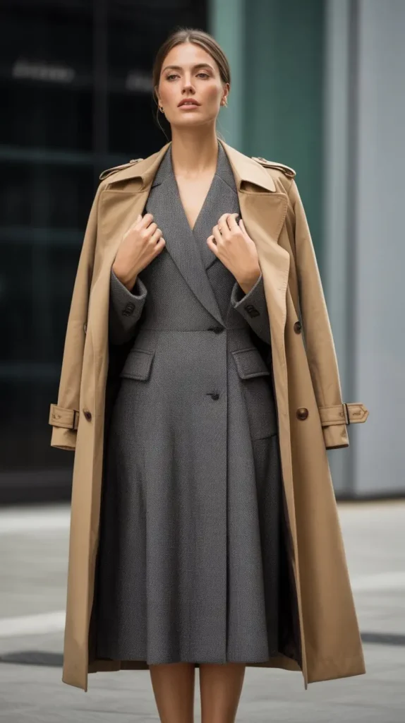 The Sophisticated Dress-and-Trench Coat Finish