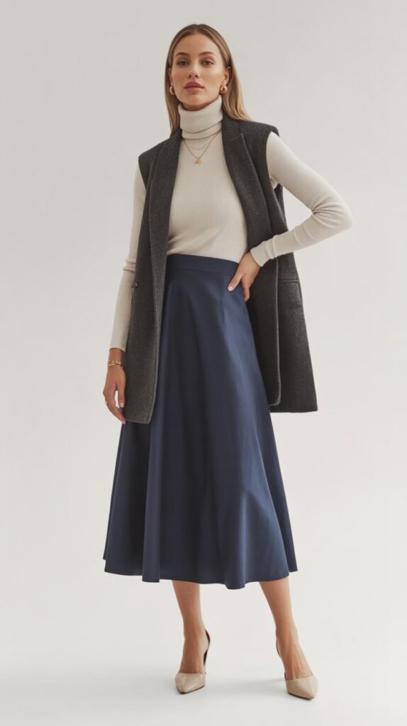 The Layered Turtleneck and Midi Skirt Combination