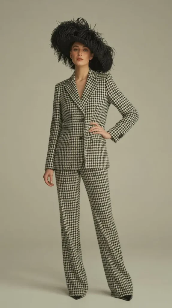 Black and White Houndstooth Suit with a Feathered Hat
