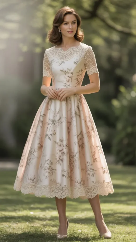 Floral Tea-Length Dress with Lace Details