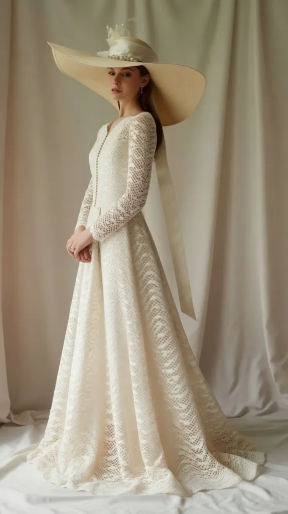 The Classic White Lace Gown with a Statement Hat