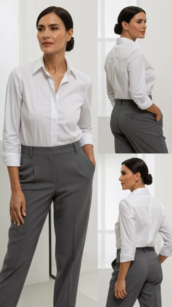 White Button-Down Shirt with Tailored Trousers