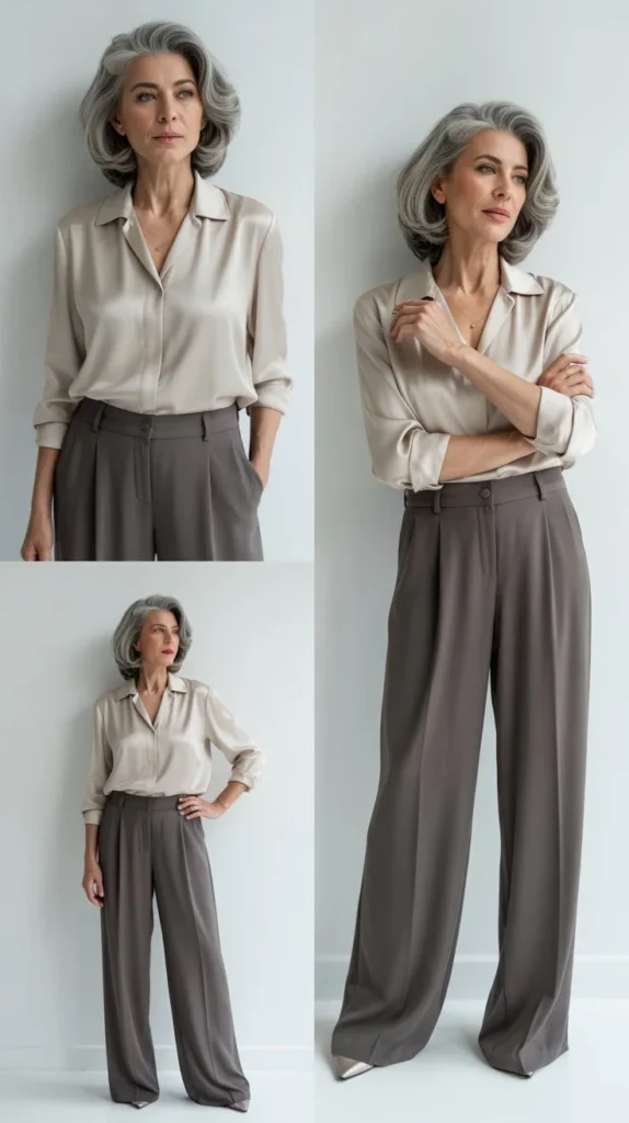 Neutral Blouse with Wide-Leg Pants
