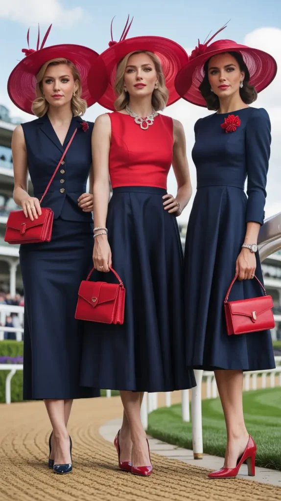 Navy Blue Midi Dress with Red Accessories