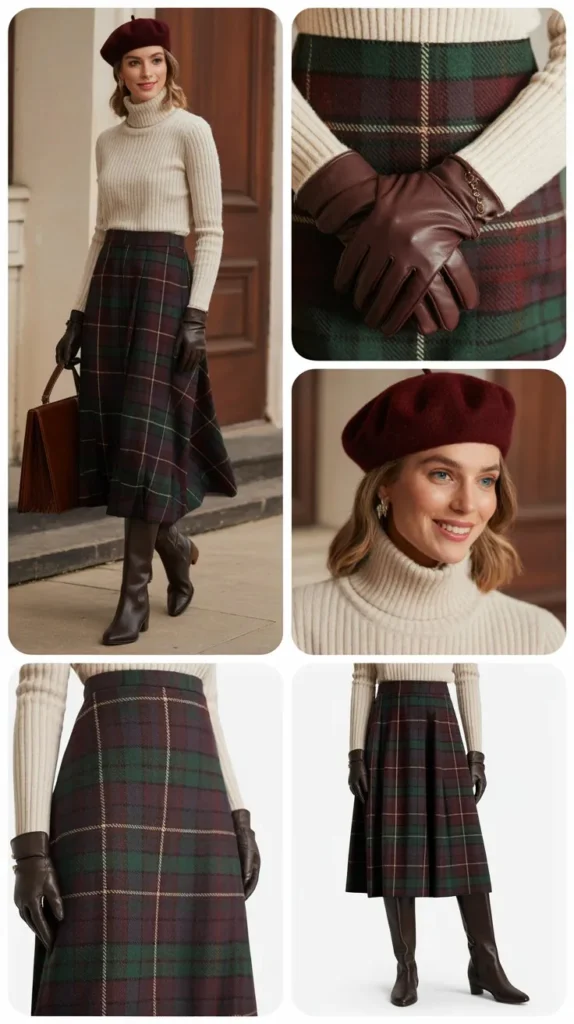 Plaid Midi Skirt with Cashmere Sweater
