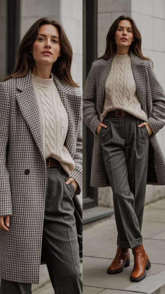 realistic 2/3 image collage of checkered wool coat over neutral winter outfit at derby