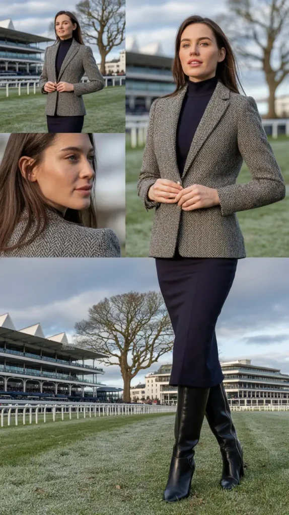 Tweed Blazer with High-Neck Midi Dress