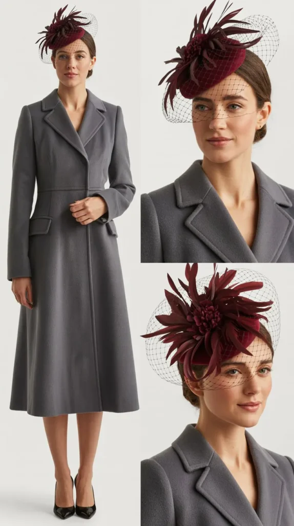  Classic Wool Coat with Statement Fascinator