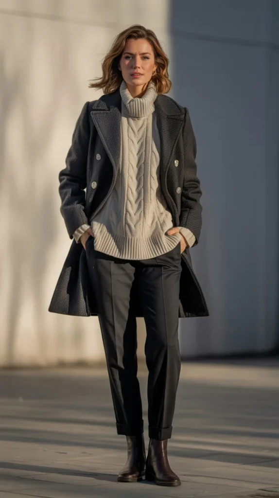 Layered Knitwear with Tailored Outerwear