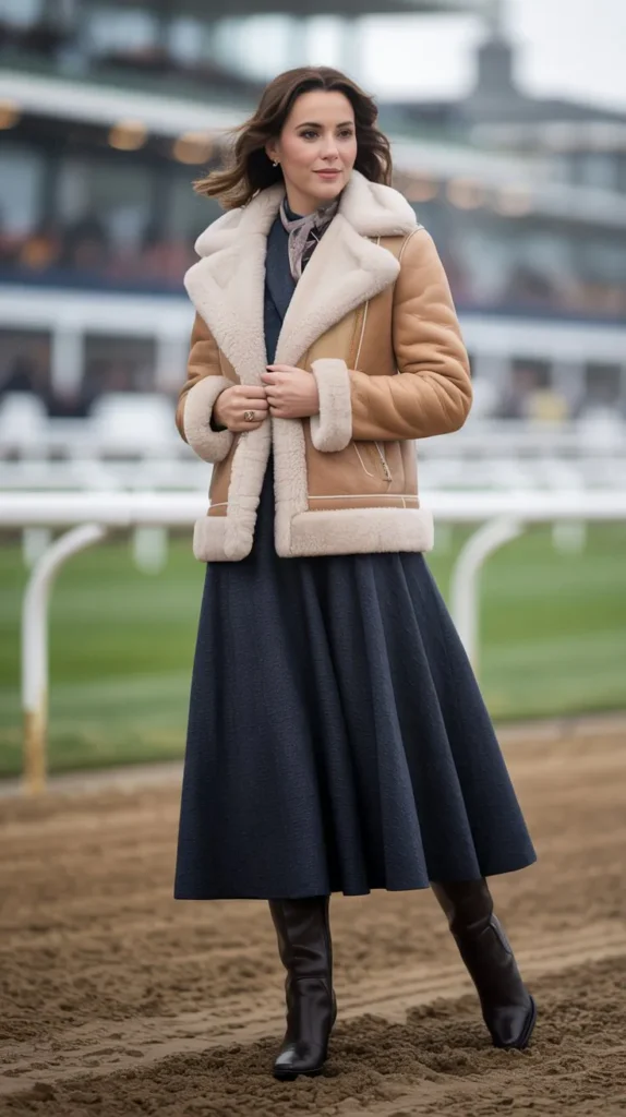 realistic 2/3 image collage of shearling jacket styled over midi dress at cold weather derby