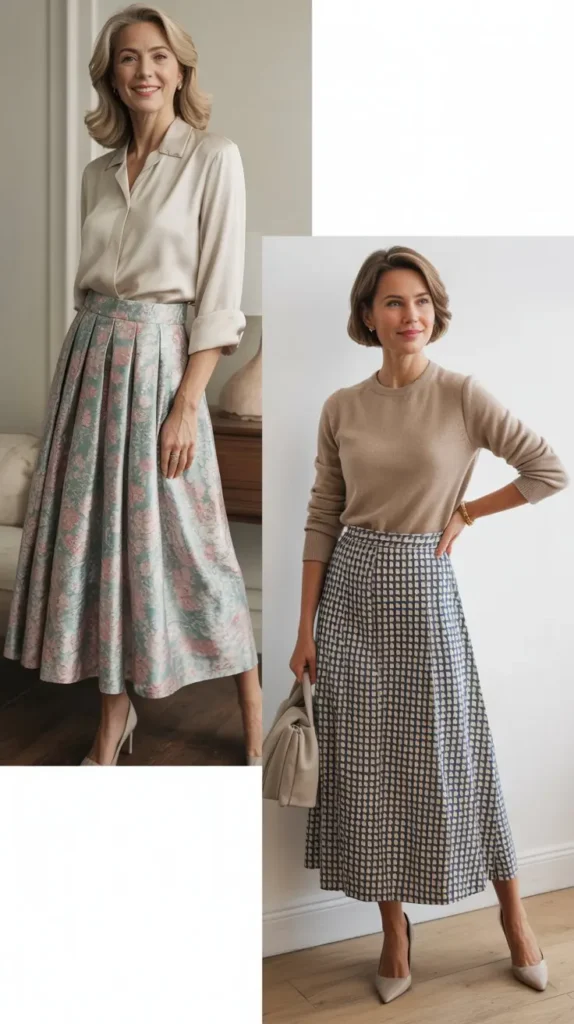Printed Midi Skirt with Neutral Top