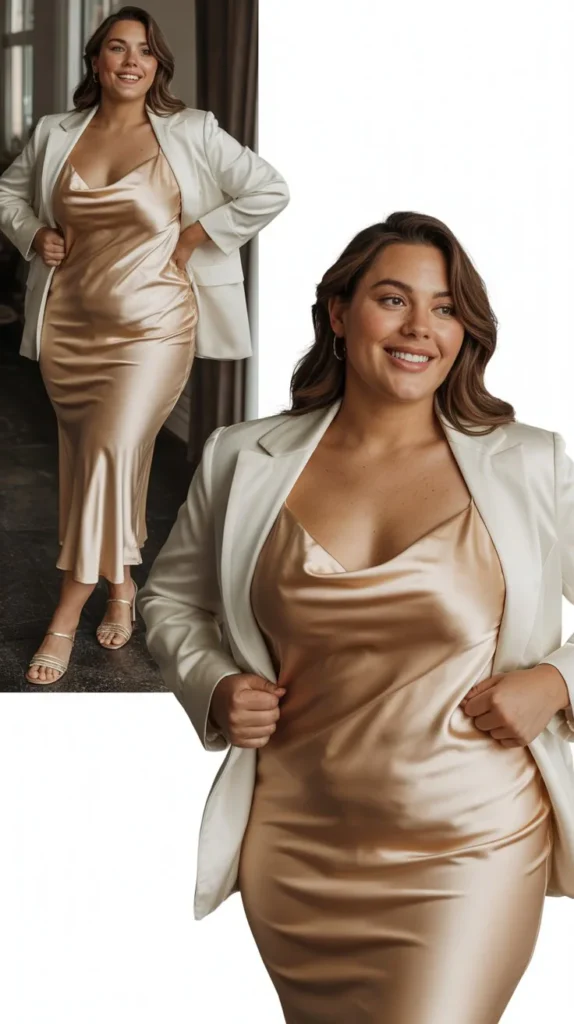  Satin Slip Dress with Light Blazer