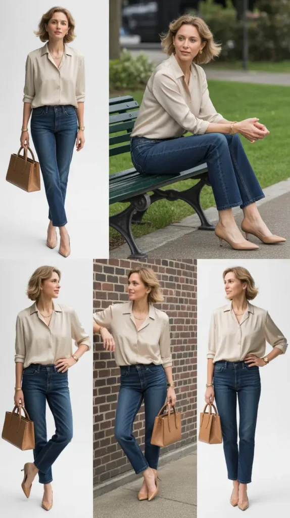 Neutral Blouse with Dark Jeans