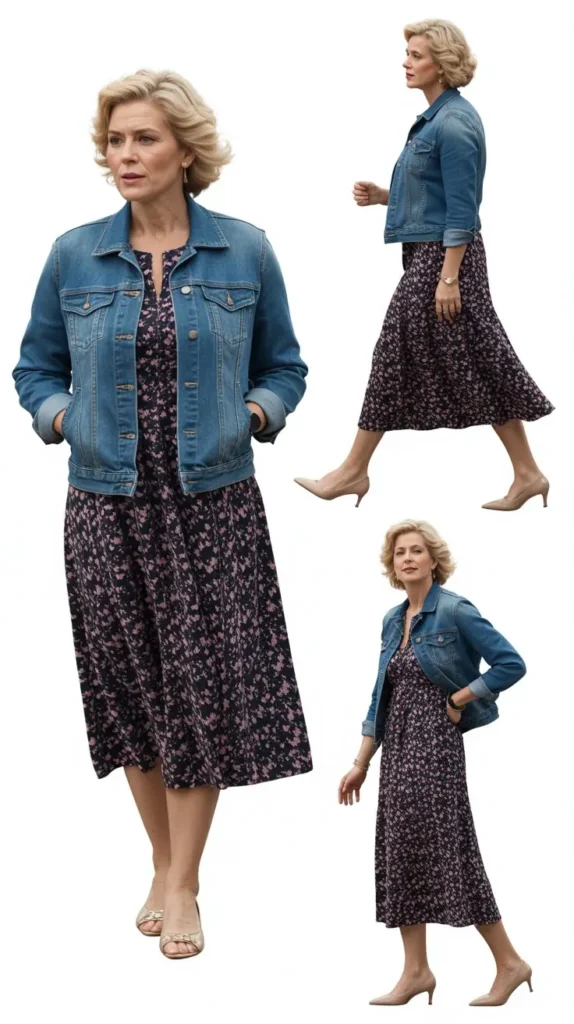 Midi Floral Dress with Denim Jacket