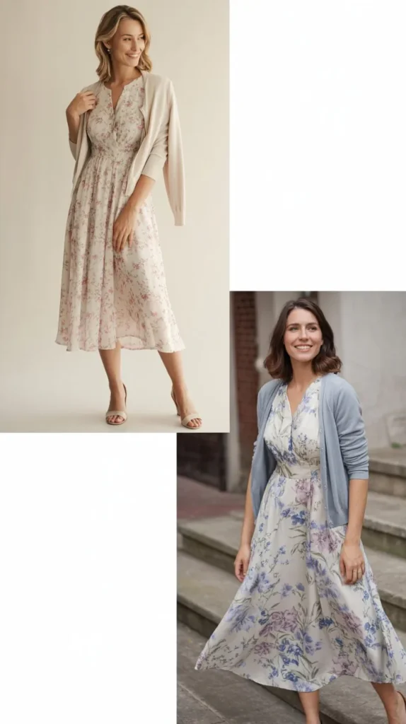 Floral Midi Dress with Light Cardigan
