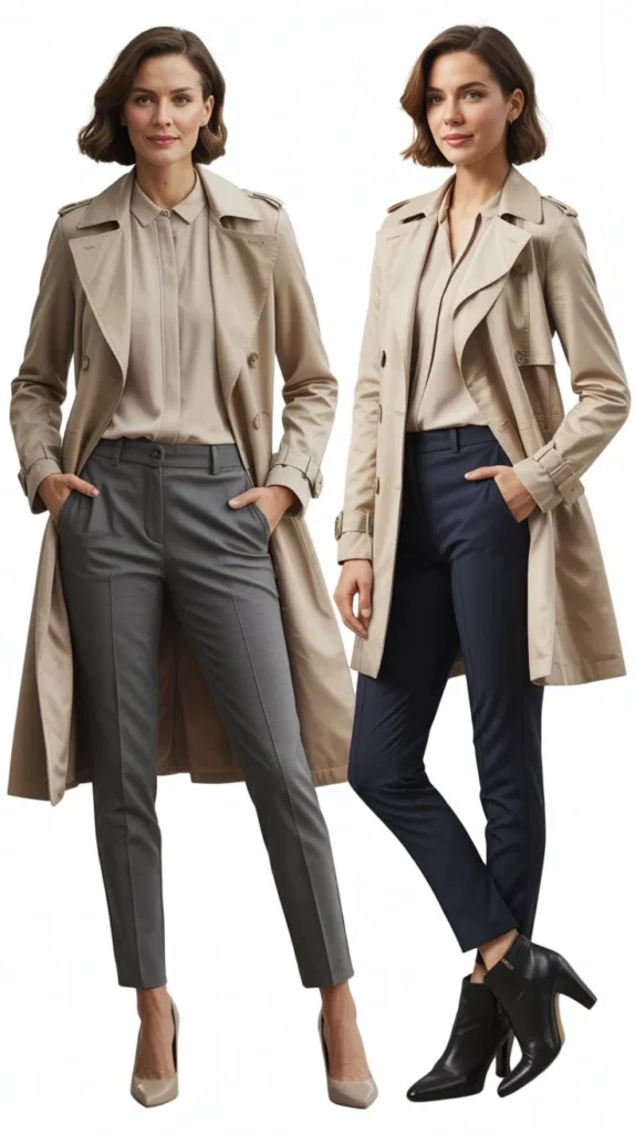 Neutral Trench Coat with Slim Pants