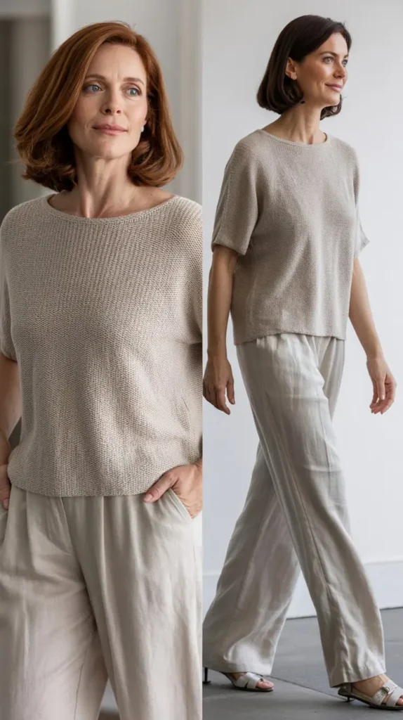 Neutral Knit Top with Linen Pants