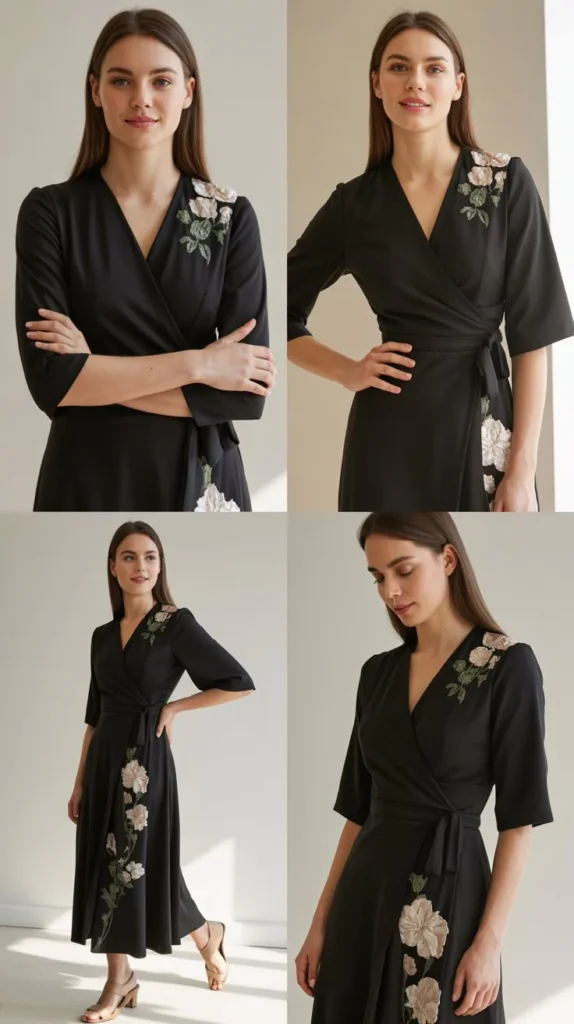 Black Wrap Dress with Floral Accents