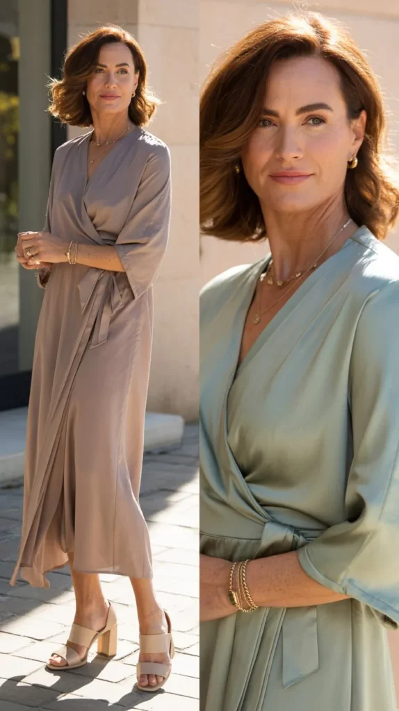 Wrap Dress with Neutral Heels