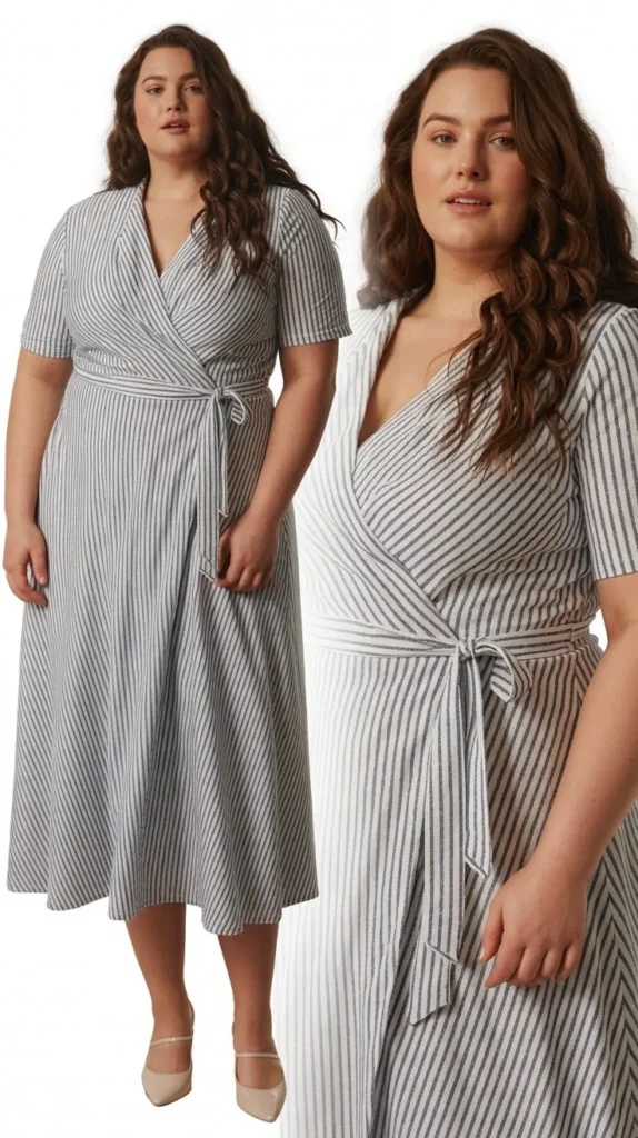  Striped Wrap Midi Dress