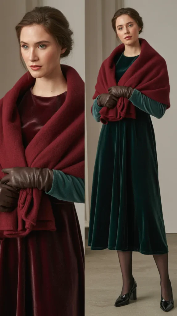 Velvet Dress with Wool Wrap