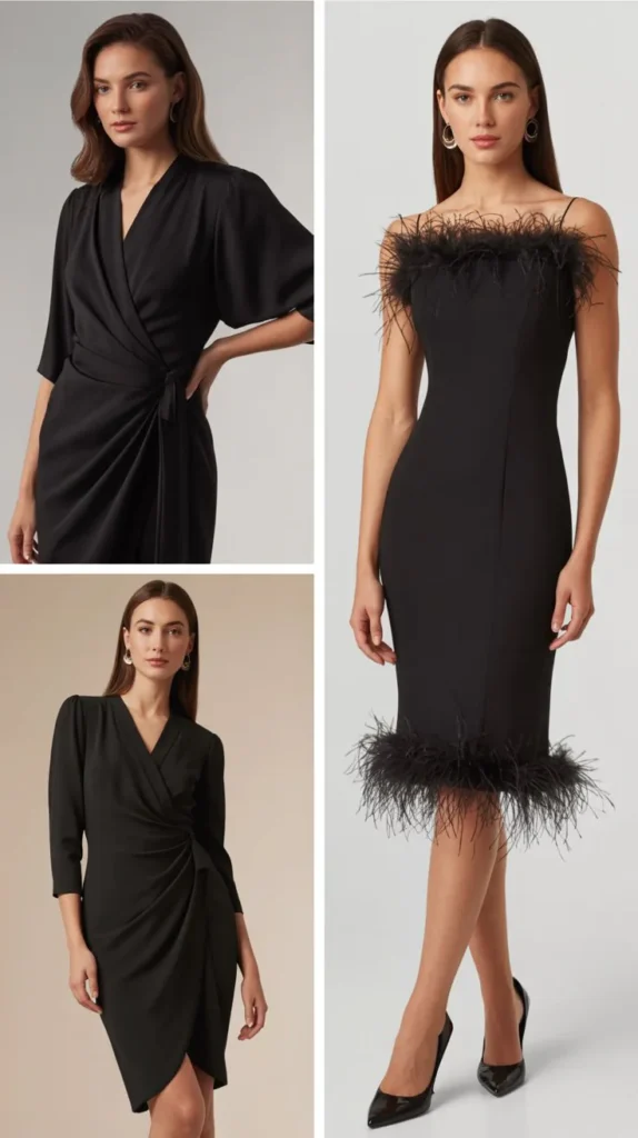 Black Cocktail Dress with Feather Trim