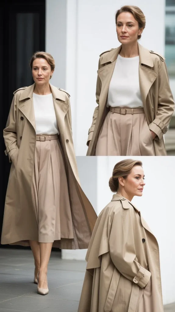 Classic Trench Coat with Midi Skirt