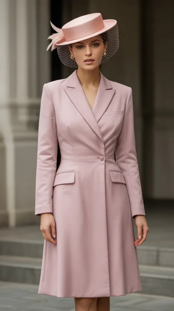 Dusty Pink Blazer Dress with Pillbox Hat