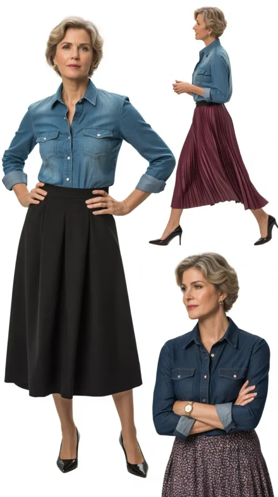 Denim Shirt with Midi Skirt