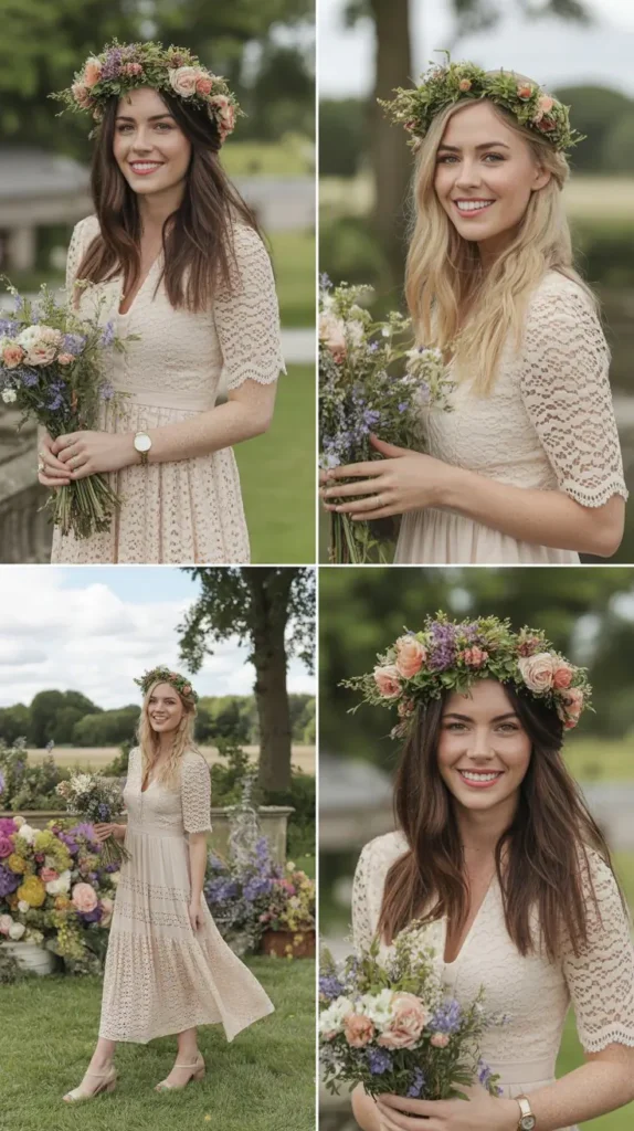 Cream Lace Dress with Floral Crown