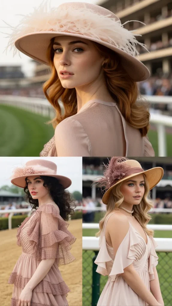 14. Dusty Rose Ruffle Dress with a Feathered Hat