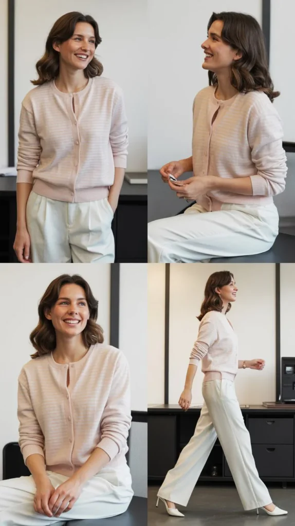 Pastel Cardigan with White Trousers