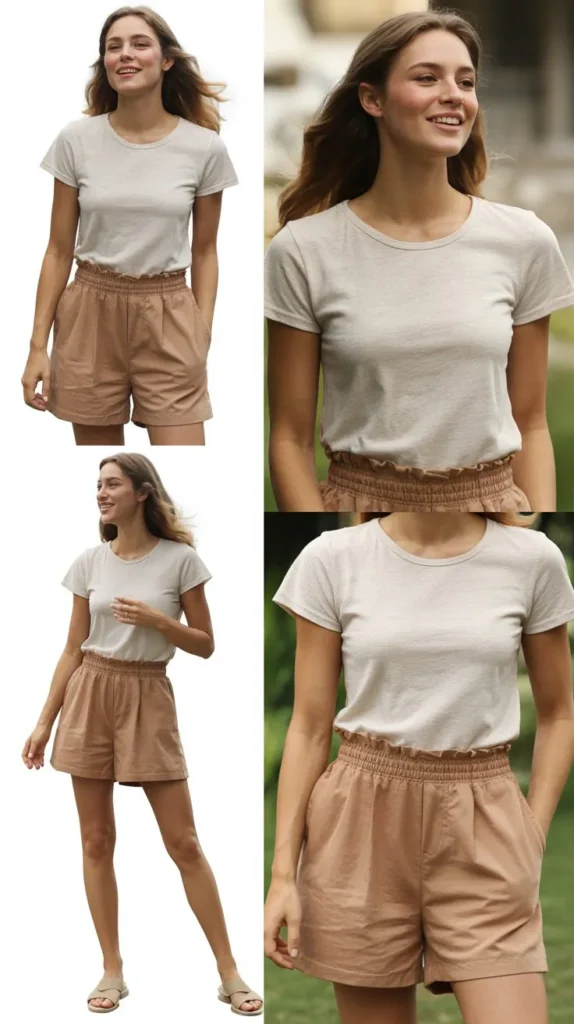  Basic Tee with Paperbag Waist Shorts