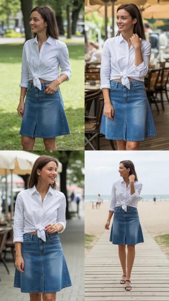 Button-Down Shirt with Denim Skirt