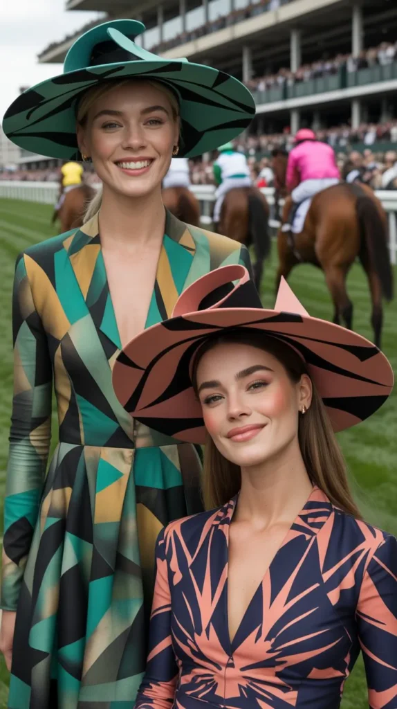 19. Geometric Print Dress with a Bold Sculptural Hat