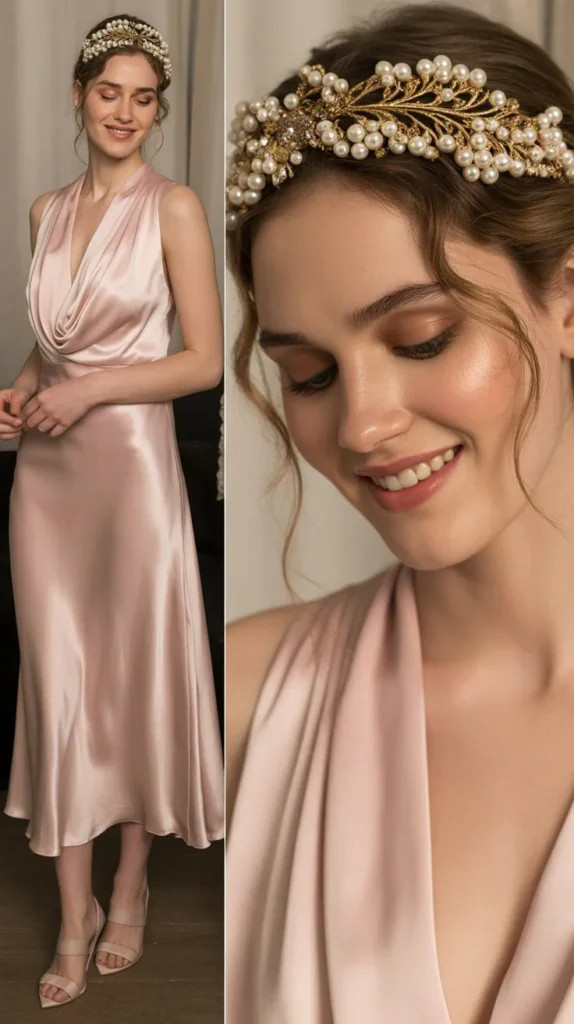 2. Elegant Pastel Midi Dress with a Statement Headpiece