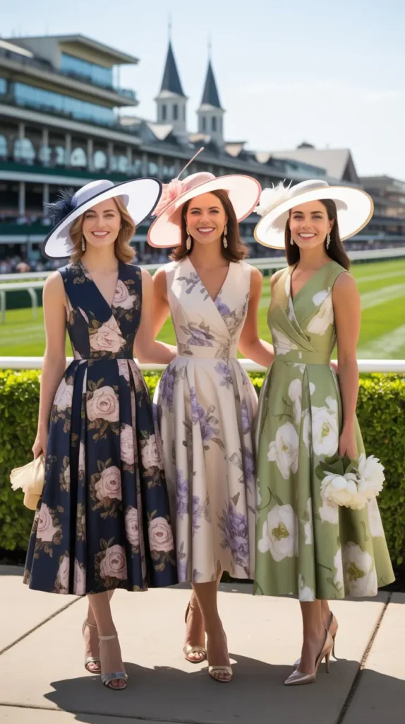 1. Classic Floral Midi Dress with a Wide-Brim Hat