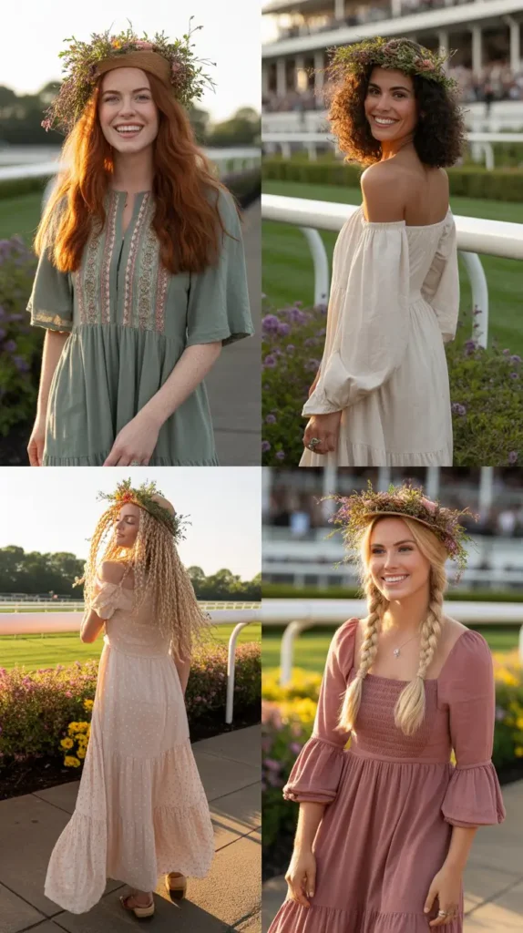 Bohemian Maxi Dress with a Floral Wreath Hat