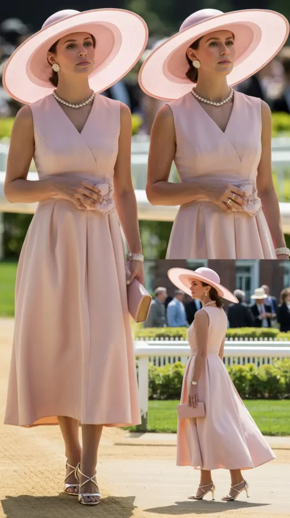 Classic Pastel Dress with Oversized Hat