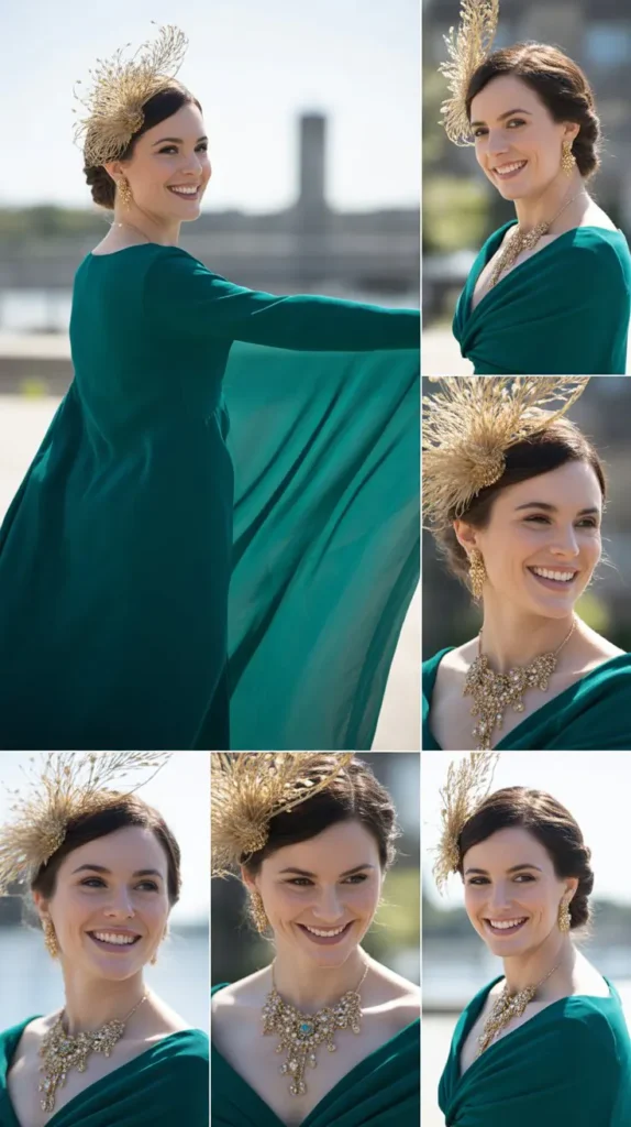 9. Jewel-Toned Dress with Contrasting Metallic Accessories