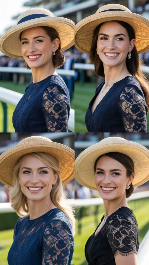 6. Navy Blue Lace Dress with a Wide-Brim Straw Hat