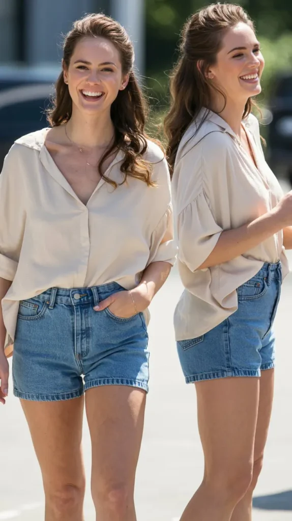 Denim Shorts with Flowy Blouse Combo