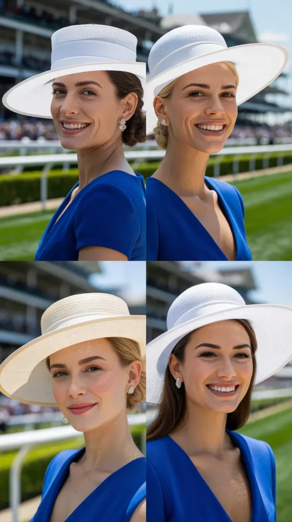 15. Cobalt Blue Dress with a White Wide-Brim Hat