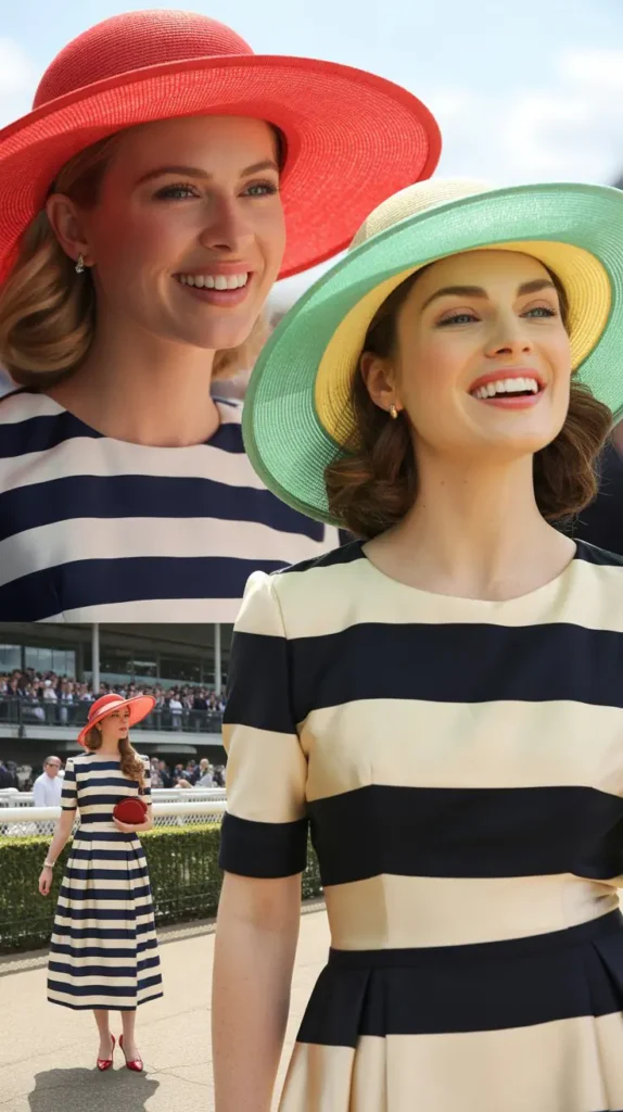 13. Striped Midi Dress with a Bold Color-Block Hat