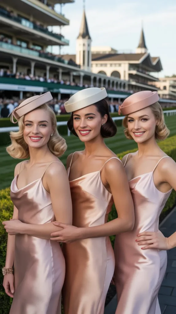 7. Blush Pink Satin Slip Dress with a Pillbox Hat