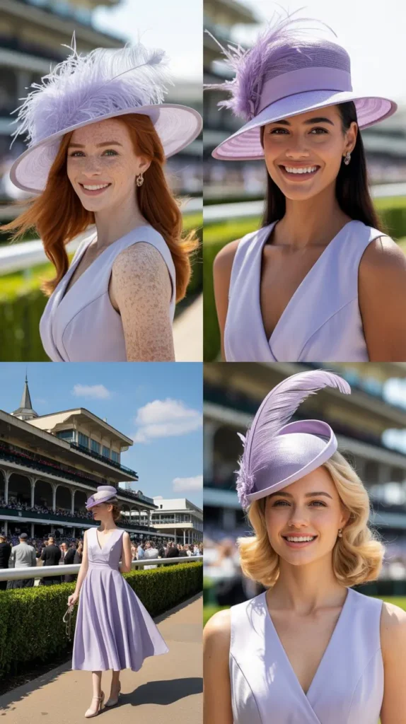 4. Soft Lavender A-Line Dress with Feathered Hat