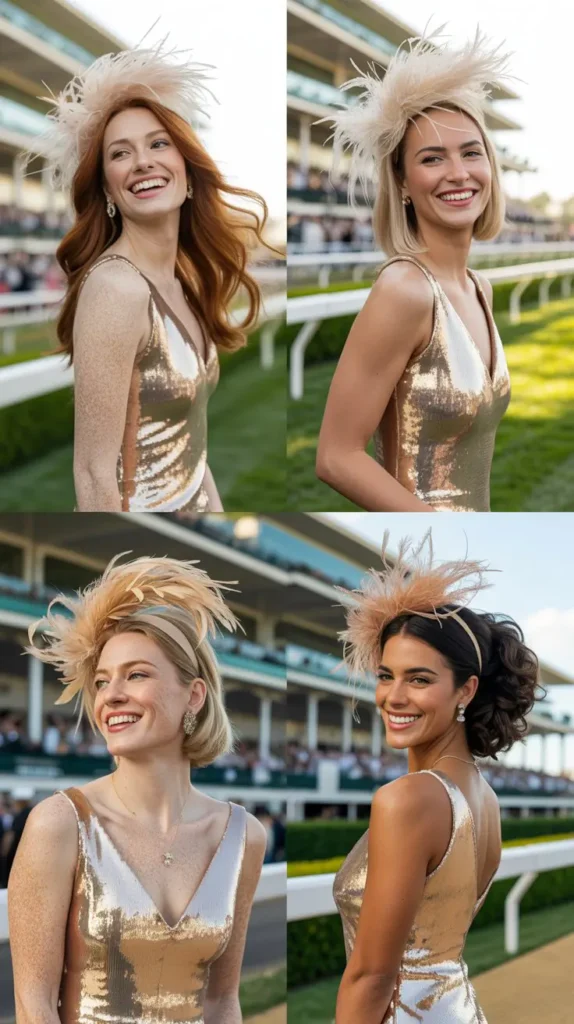 18. Champagne Sequin Dress with a Feathered Headband