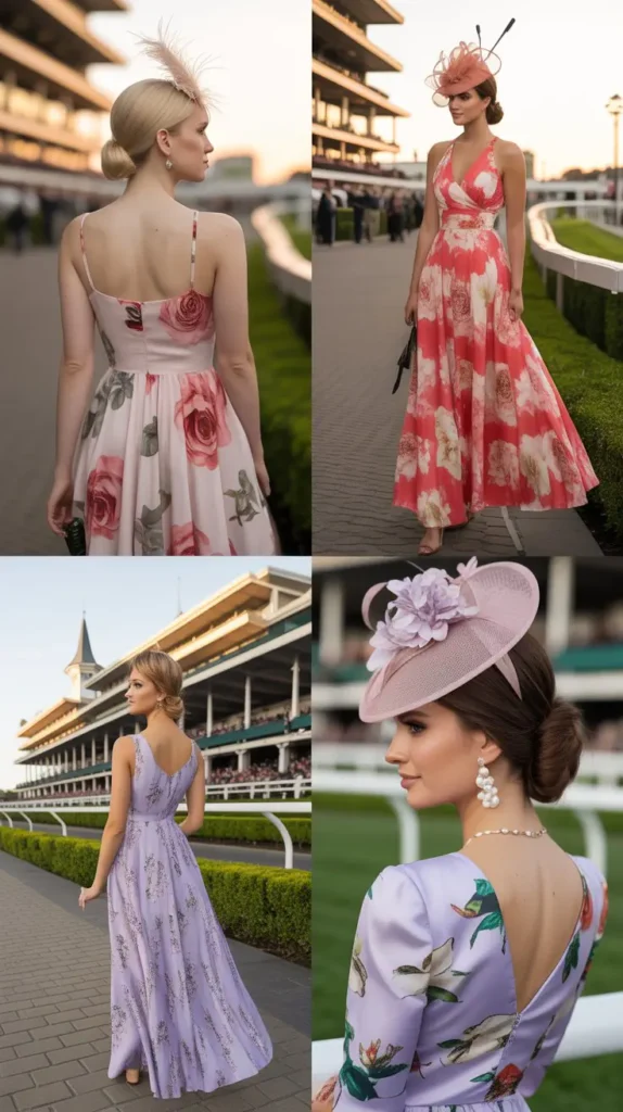 12. Floral Maxi Dress with a Sleek Updo and Fascinator